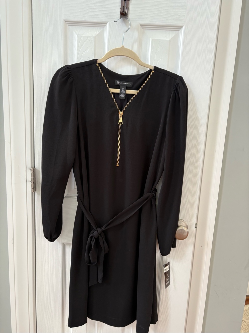 INC International Concepts Black Long-Sleeve Zip Front Belted Dress